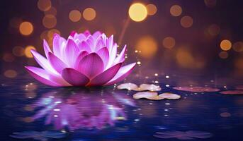 AI generated Lotus Pink light purple floating light sparkle purple background. AI Generated photo