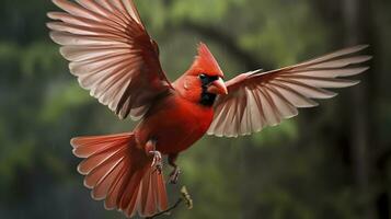 ai generado del Norte cardenal viniendo en para un aterrizaje. generativo ai foto