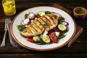 AI generated Seared chicken breast and Greek salad on a wooden table. Generative AI photo
