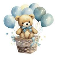 AI generated A watercolor baby teddy bear is sitting in the basket with blue and gold balloons. AI Generated photo