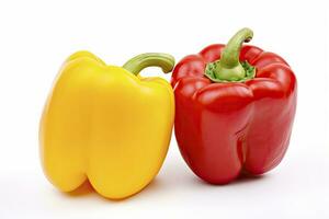 AI generated Two bell peppers, a red and a yellow isolated on white background. AI Generated. photo