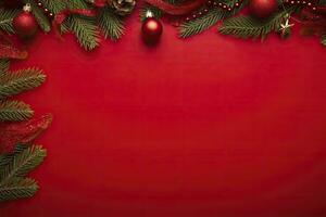 AI generated Christmas or New Year red background with fir decor. AI Generated photo