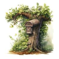 AI generated Watercolor mailbox in a tree on a white background. AI Generated photo