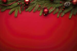 AI generated Christmas or New Year red background with fir decor. AI Generated photo