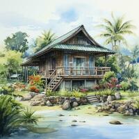 AI generated A watercolored bright serene image of a traditional bahay kubo. AI Generated photo