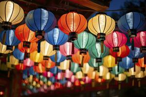 AI generated Colorful festival lanterns during the Chinese traditional holiday season. AI Generated photo