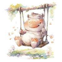 AI generated Cute happy baby rhino on swings in the tree in watercolor style. AI Generated photo