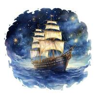 AI generated Night sea ship watercolor style for T-shirt design. AI Generated photo