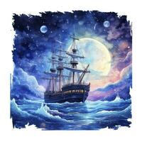 AI generated Night sea ship watercolor style for T-shirt design. AI Generated photo