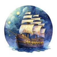 AI generated Night sea ship watercolor style for T-shirt design. AI Generated photo