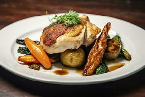 AI generated Plated chicken roast dinner on a white plate with carrot and morel mushroom. AI Generated. photo