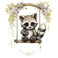 AI generated Cute baby raccoon in watercolour style, sitting on swings attached to the tree. AI Generated photo