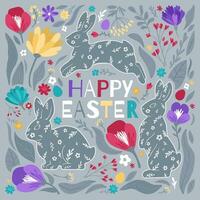 Happy Easter square card with bunnies, eggs, and flowers. Modern flat vector illustration in trendy colors in boho style.