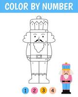 Color by number game for kids. Cute nutcracker in cartoon style. Christmas coloring page. Printable worksheet with solution for school and preschool. Learning numbers activity. vector