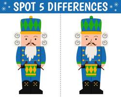 Cute nutcracker in cartoon style. Find 5 differences. Educational matching christmas game for children. Printable worksheet with solution for school and preschool. Cartoon vector illustration