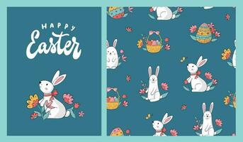 Easter collection of greeting card and seamless pattern with bunnies, flowers and eggs for wallpaper, posters, banners, prints, wrapping paper, etc. EPS 10 vector