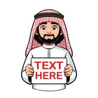 man holding a sign. arabian man holding a sheet of white paper. Copy space. Your text here, template. Flat editable vector illustration, clip art