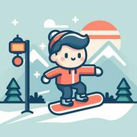 snowboarding kid flat color vector illustration