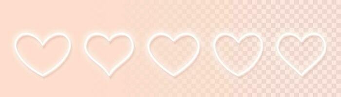 Set of white neon glowing heart icons of different shapes for light backgrounds. Design elements for Valentine's Day. Minimal style. Vector illustration