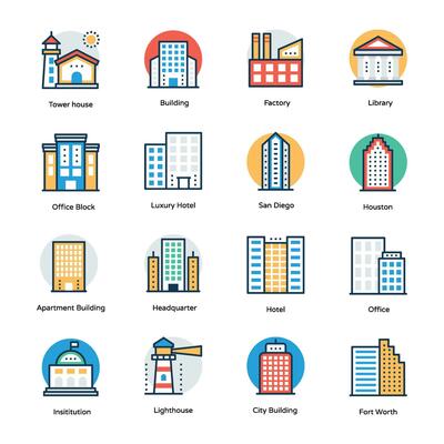 Buildings Flat Vector Icons Set