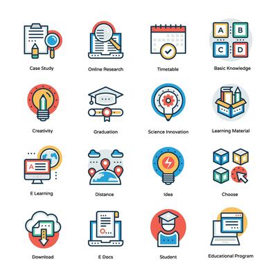 School and Education Flat Vector Icons Set