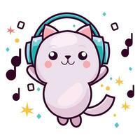 Vector of a cute cat listening to music
