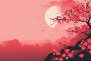 AI generated Chinese New Year Background. Pink Blooming Sakura Branches  Backdrop. Oriental natural pattern with chinese cloud decoration banner design in vintage style. AI Generative photo