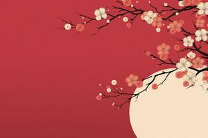 AI generated Chinese New Year Background. Pink Blooming Sakura Branches  Backdrop. Oriental natural pattern with chinese cloud decoration banner design in vintage style. AI Generative photo