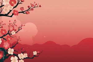 AI generated Chinese New Year Background. Pink Blooming Sakura Branches  Backdrop. Oriental natural pattern with chinese cloud decoration banner design in vintage style. AI Generative photo