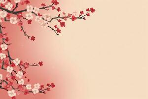 AI generated Chinese New Year Background. Pink Blooming Sakura Branches  Backdrop. Oriental natural pattern with chinese cloud decoration banner design in vintage style. AI Generative photo