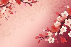 ai generado chino nuevo año antecedentes. rosado floreciente sakura ramas fondo. oriental natural modelo con chino nube decoración bandera diseño en Clásico estilo. ai generativo foto