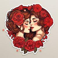 AI generated Valentines Day stickers. Lesbian couple in love. AI Generative photo