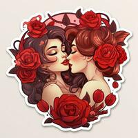 AI generated Valentines Day stickers. Lesbian couple in love. AI Generative photo