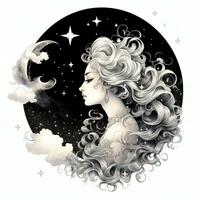 AI generated Girl with crescent with stars drawing abstract moon silhouette. Boho celestial illustration AI Generative photo