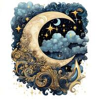 AI generated a crescent with stars drawing abstract moon silhouette. Boho celestial illustration AI Generative photo