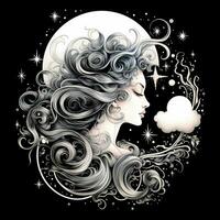 AI generated Girl with crescent with stars drawing abstract moon silhouette. Boho celestial illustration AI Generative photo