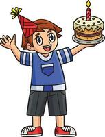 Birthday Boy Holding Cake Cartoon Colored Clipart vector