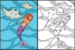 Mermaid with Manta Ray Coloring Page Illustration vector