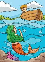 Mermaid Talking to a Boy in the Boat Colored vector