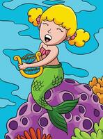 Mermaid Playing Harp Colored Cartoon Illustration vector