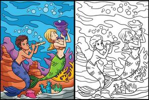 Mermaid Playing Flute Coloring Page Illustration vector