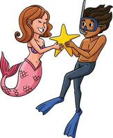 Mermaid and a Diver Holding Star Cartoon Clipart vector