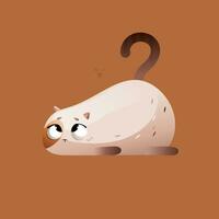 beige dibujos animados grasa gato mentiras con un cola en el forma de un pregunta marca vector