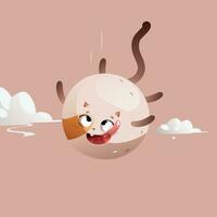 Beige Cartoon Fat Cat Flying Between The Clouds. Vector clipart.