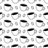 Coffee cup and coffee beans seamless pattern. Black doodle style. Vector drink background.