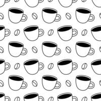 Coffee cup and coffee beans seamless pattern. Black doodle style. Vector drink background.