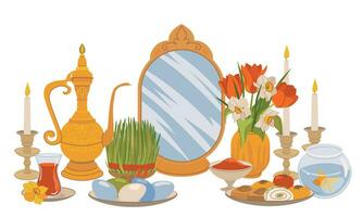 productos para el internacional día de navruz. iraní nuevo año es un sagrado día y religioso fiesta de zoroastrianos y bahá'ís. espejo, verde césped, dulces, velas, vinagre, flores plano vector. vector