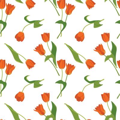Seamless pattern with tulips. Vector spring flowers on a white background. Illustration for printing on fabric, wallpaper, wrapping paper. Flat style.