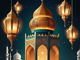 AI generated illustration of amazing architecture design of muslim mosque arabic lantern of ramadan celebration. photo