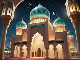 AI generated illustration of amazing architecture design of muslim mosque arabic lantern of ramadan celebration. photo